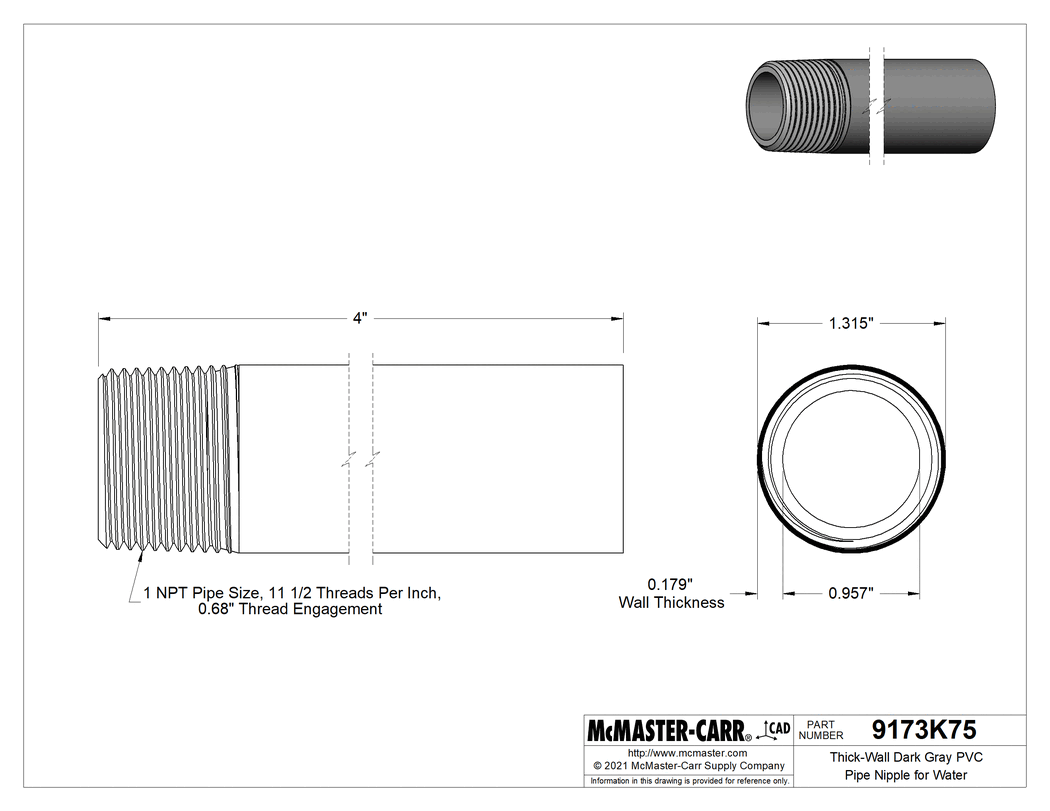 Technical Drawing of Thick-Wall Dark Gray PVC Pipe Nipple for Water, Threaded on One End, 1 NPT, 4" Long.